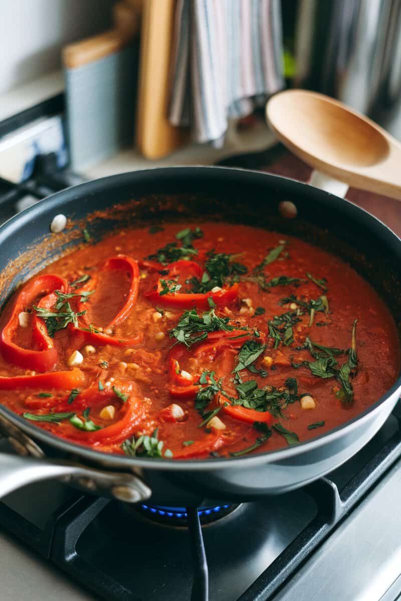 A pan of vibrant sweet red pepper pasta sauce with fresh herbs.