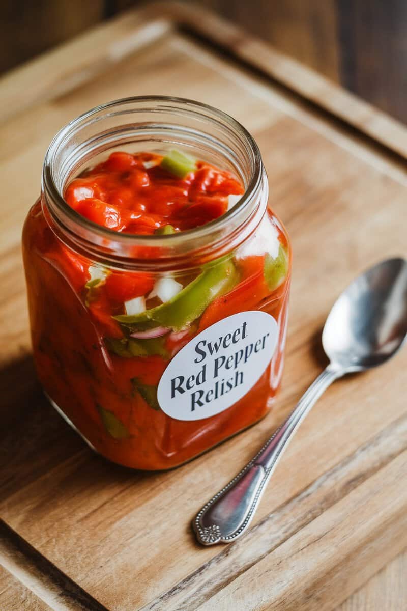 A jar of sweet red pepper relish on a wooden surface