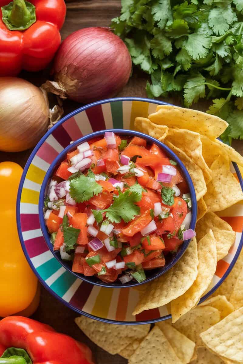 Bowl of fresh sweet red pepper salsa with tortilla chips