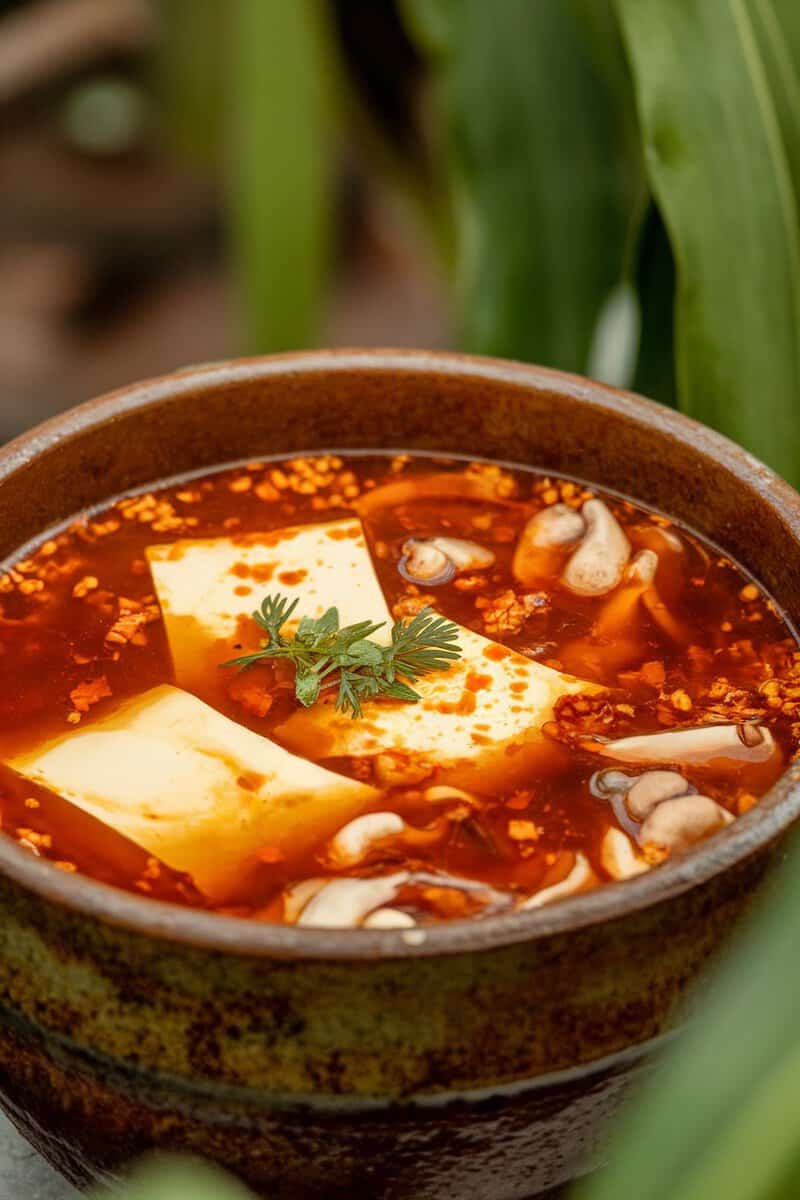 A bowl of Szechuan hot and sour soup with tofu and mushrooms, garnished with herbs.