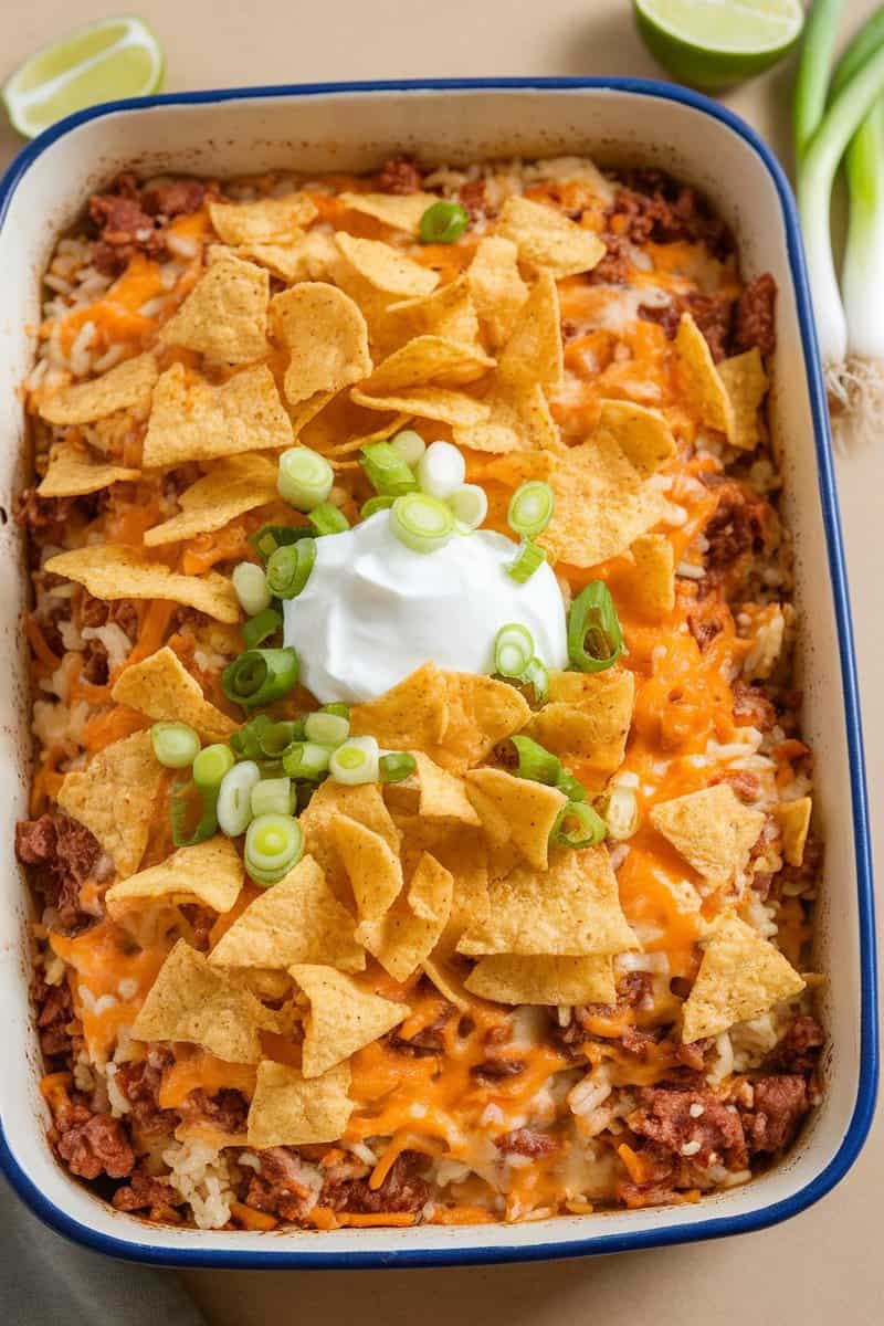 A delicious Taco Meat and Rice Casserole topped with tortilla chips, cheese, and sour cream.