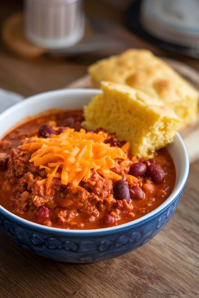 A bowl of taco meat chili with beans topped with shredded cheese, alongside cornbread.