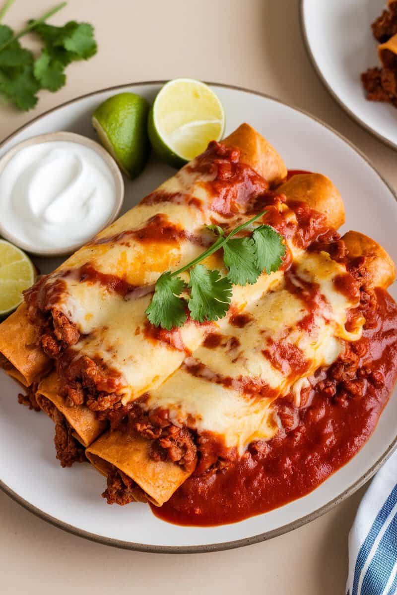 Plate of enchiladas with taco meat, cheese, and garnishes