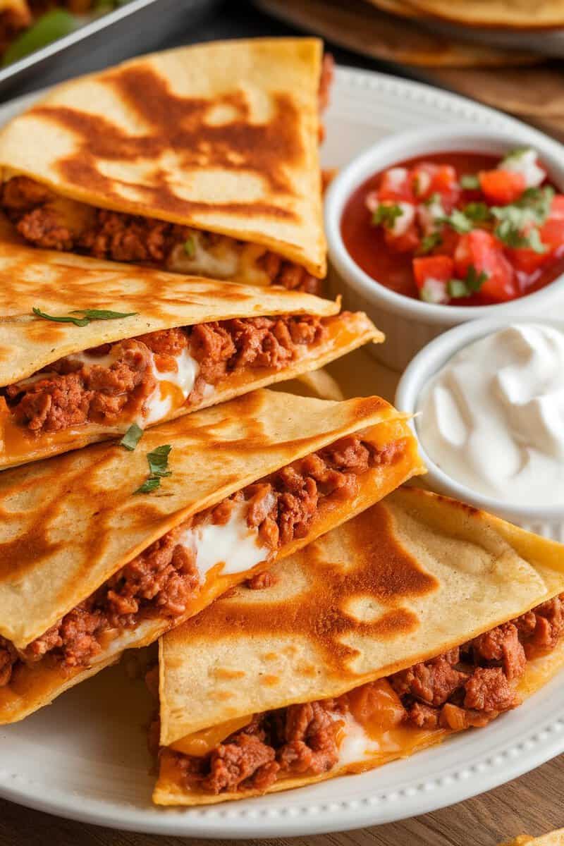 Delicious taco meat quesadillas served with salsa and sour cream.