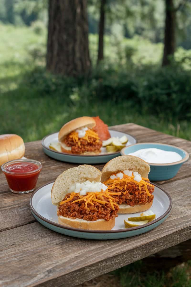 Taco Meat Sloppy Joes with shredded cheese and lettuce on a plate