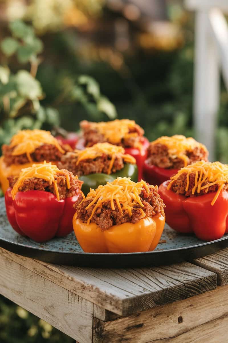 Colorful bell peppers stuffed with taco meat and topped with cheese