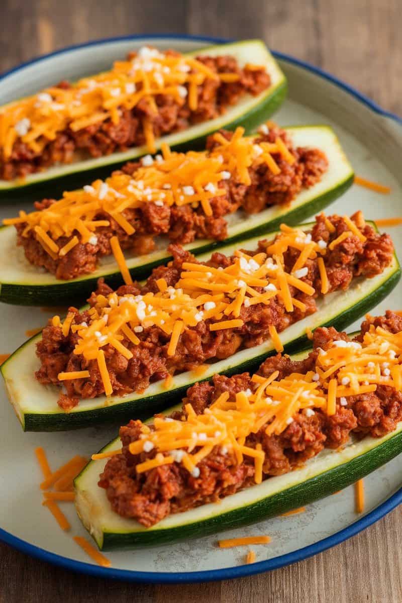 Taco meat stuffed zucchini boats topped with cheese