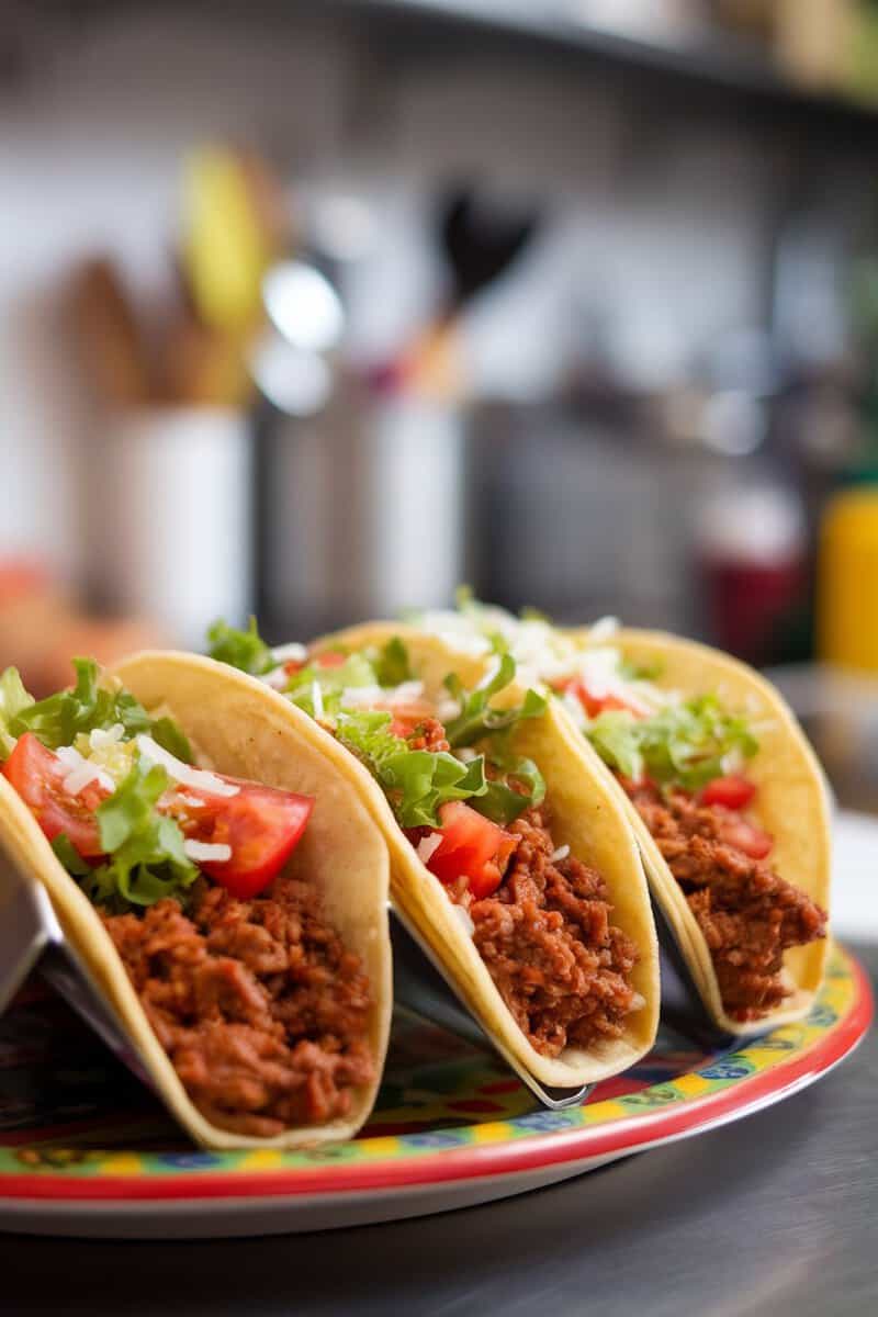 Three taco meat tacos filled with lettuce and tomatoes