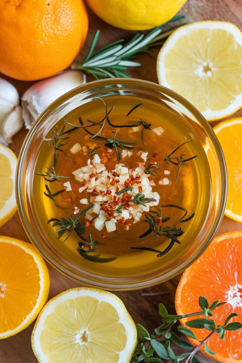 A bowl of tangy citrus garlic marinade with sliced oranges and lemons around it.