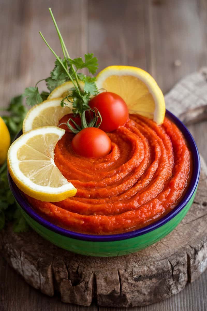 A vibrant bowl of tangy lemon tomato chutney garnished with lemon slices and cherry tomatoes.