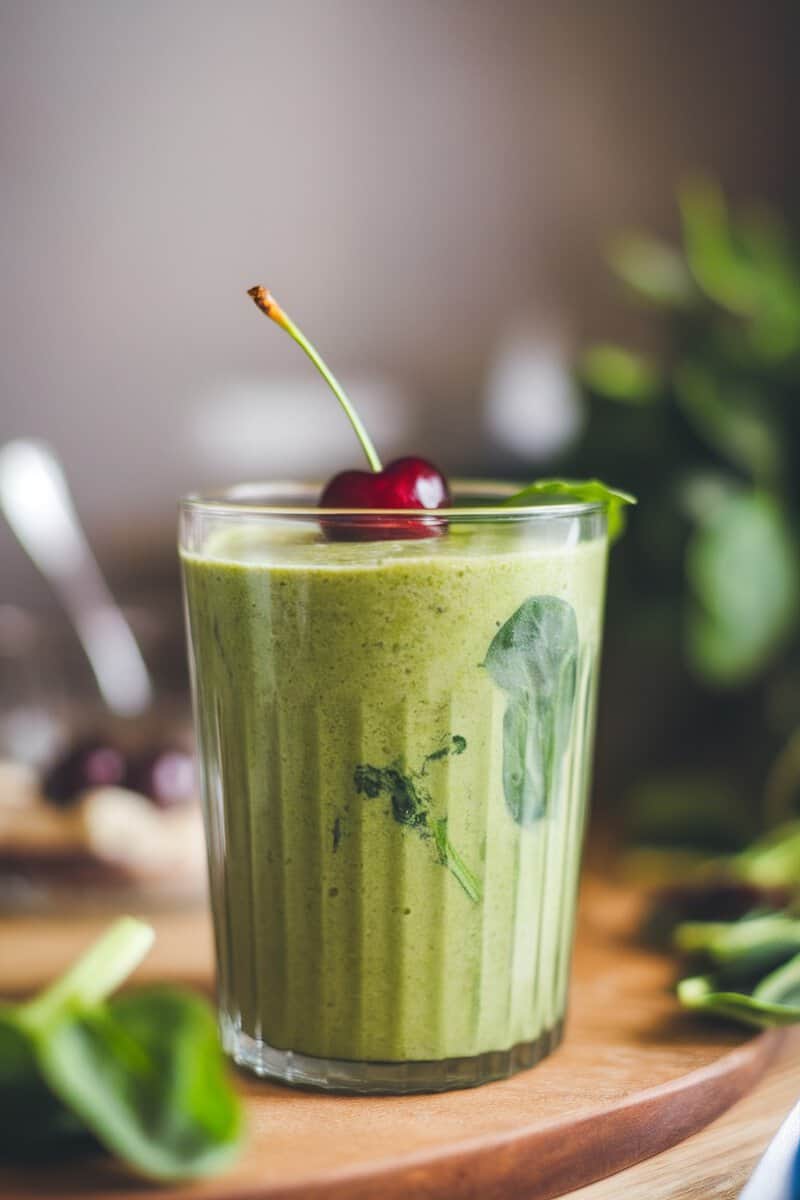 A refreshing Tart Cherry and Spinach smoothie in a glass, topped with a cherry.