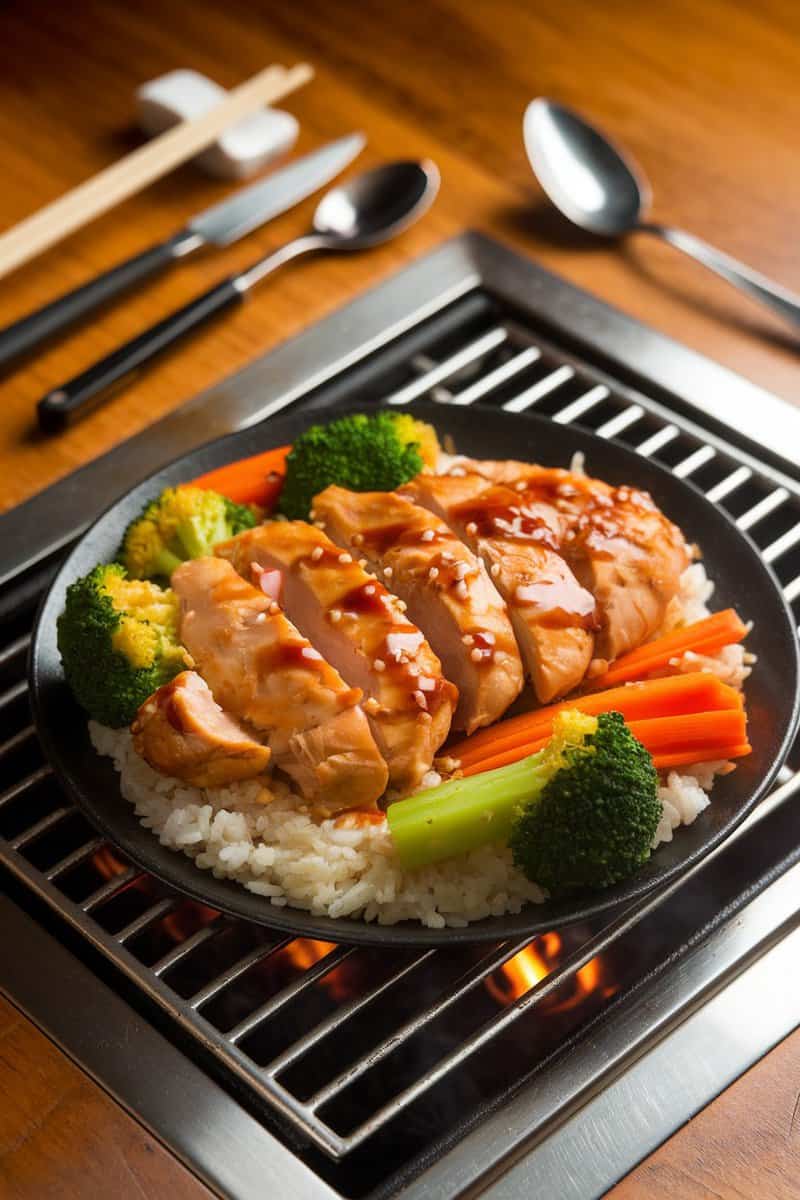 Delicious plate of teriyaki chicken hibachi with colorful vegetables and rice.