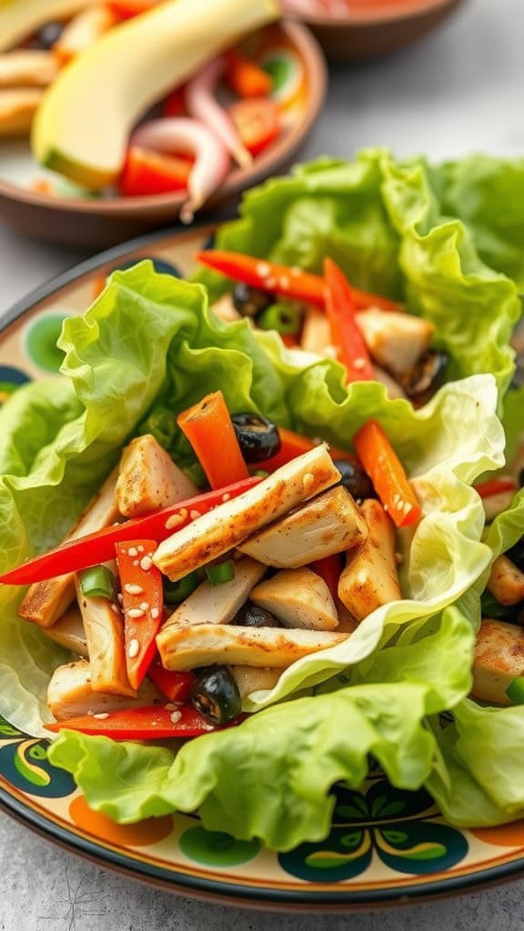 A colorful plate of teriyaki chicken lettuce wraps with sliced vegetables.