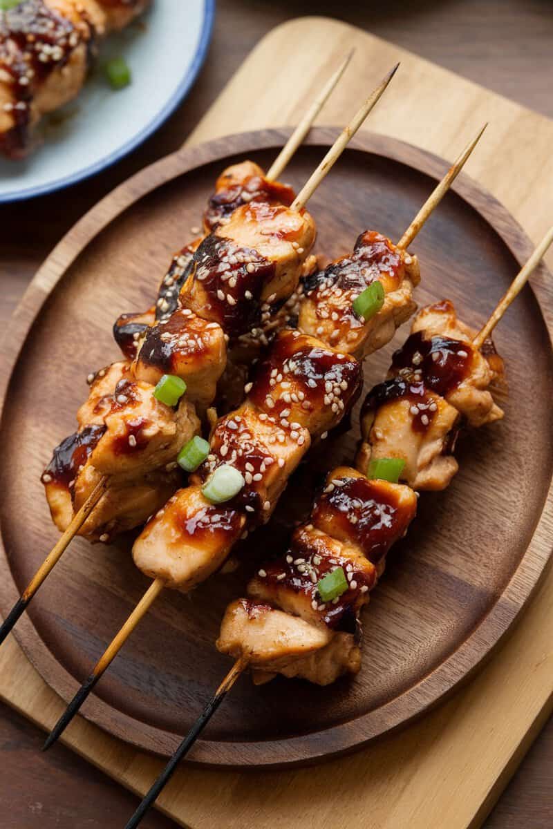 Delicious teriyaki chicken skewers garnished with sesame seeds and green onions.