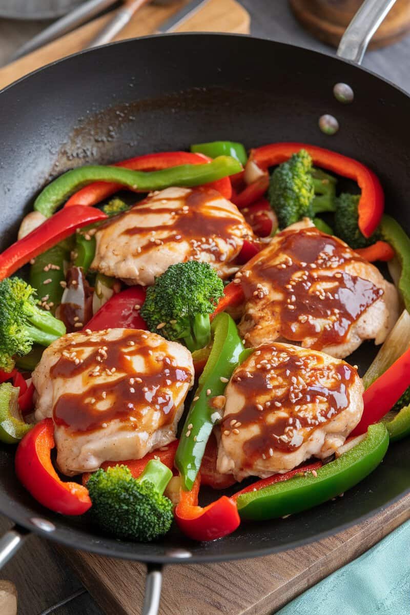 Stir-fried skinless boneless chicken thighs with vegetables and teriyaki sauce in a skillet.