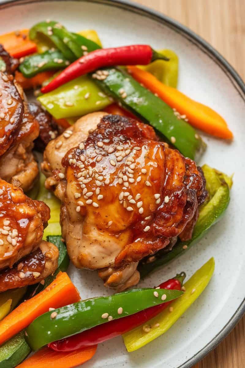 Teriyaki chicken thighs with colorful stir-fried vegetables on a plate