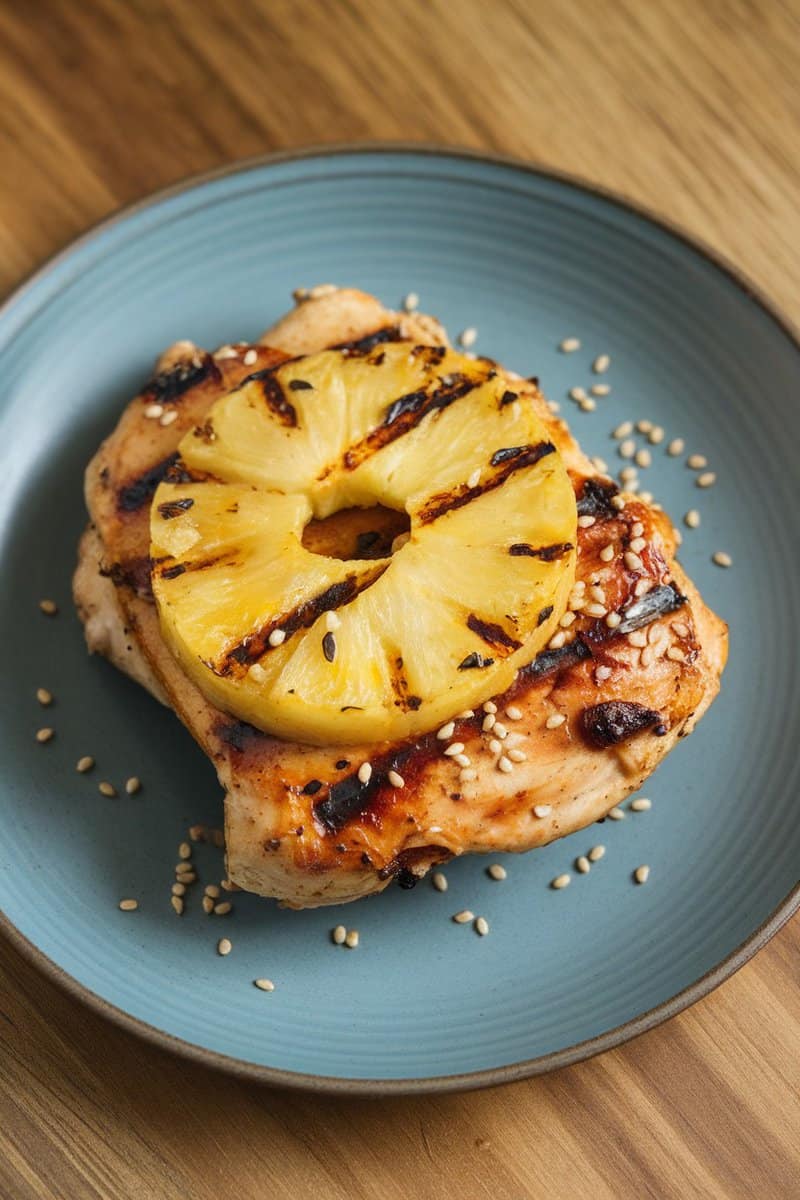 Grilled chicken breast topped with grilled pineapple on a blue plate, garnished with sesame seeds.