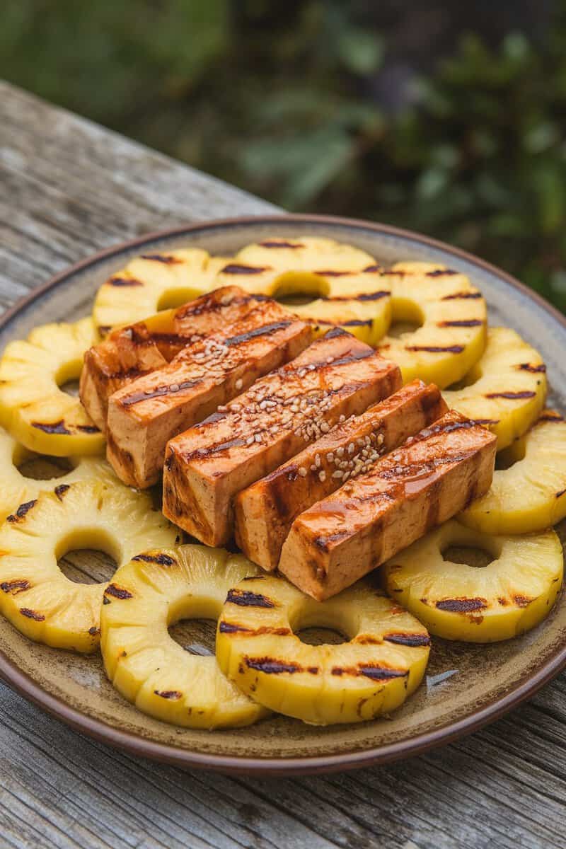 Grilled tofu served with pineapple rings on a plate