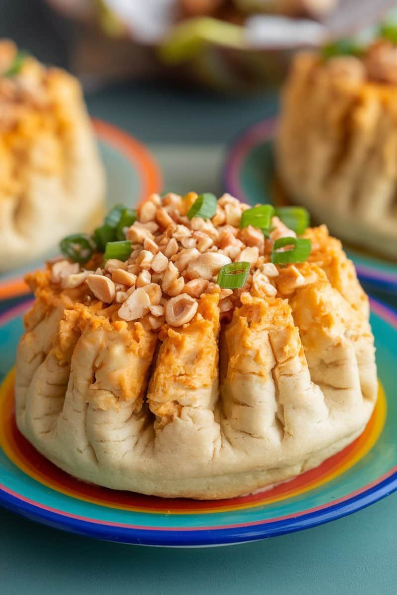 A colorful plate of Thai Peanut Chicken Pudgy Pies topped with peanuts and green onions.