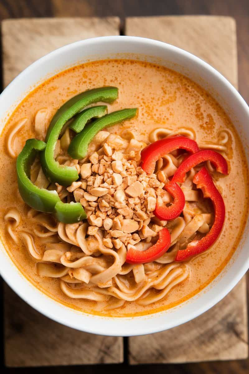 Bowl of Thai Peanut Noodle Soup with green and red bell peppers, noodles, and peanuts