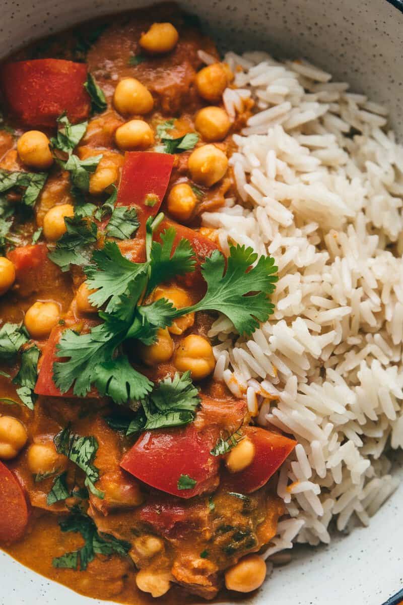 A bowl of tomato and chickpea curry served with rice, topped with cilantro.