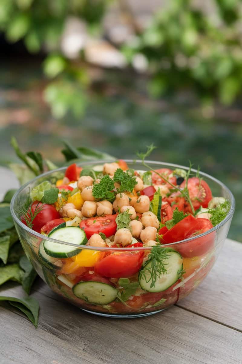 A vibrant bowl of tomato and chickpea salad with fresh vegetables.