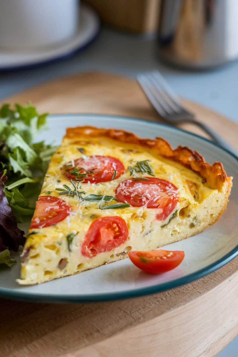 A slice of tomato and herb frittata served with salad.