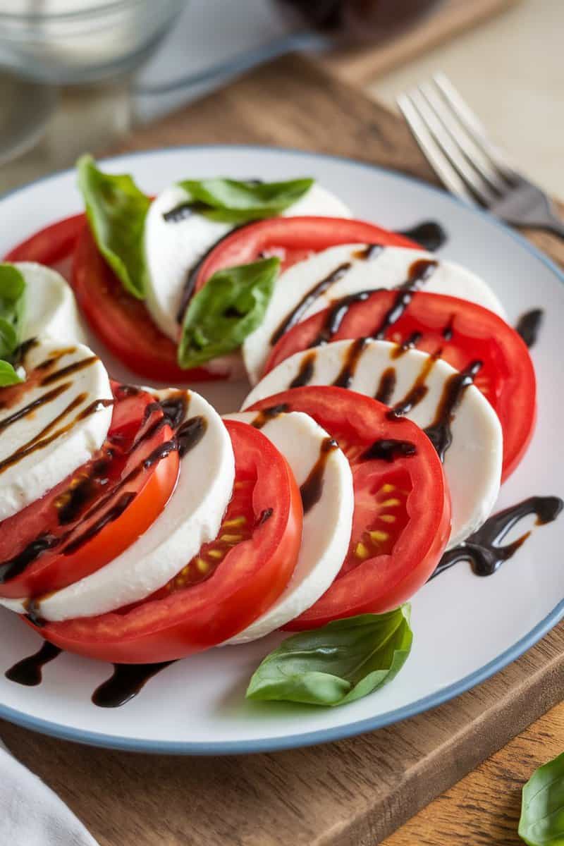 A colorful plate of Tomato and Mozzarella Caprese Salad with fresh basil and balsamic drizzle.