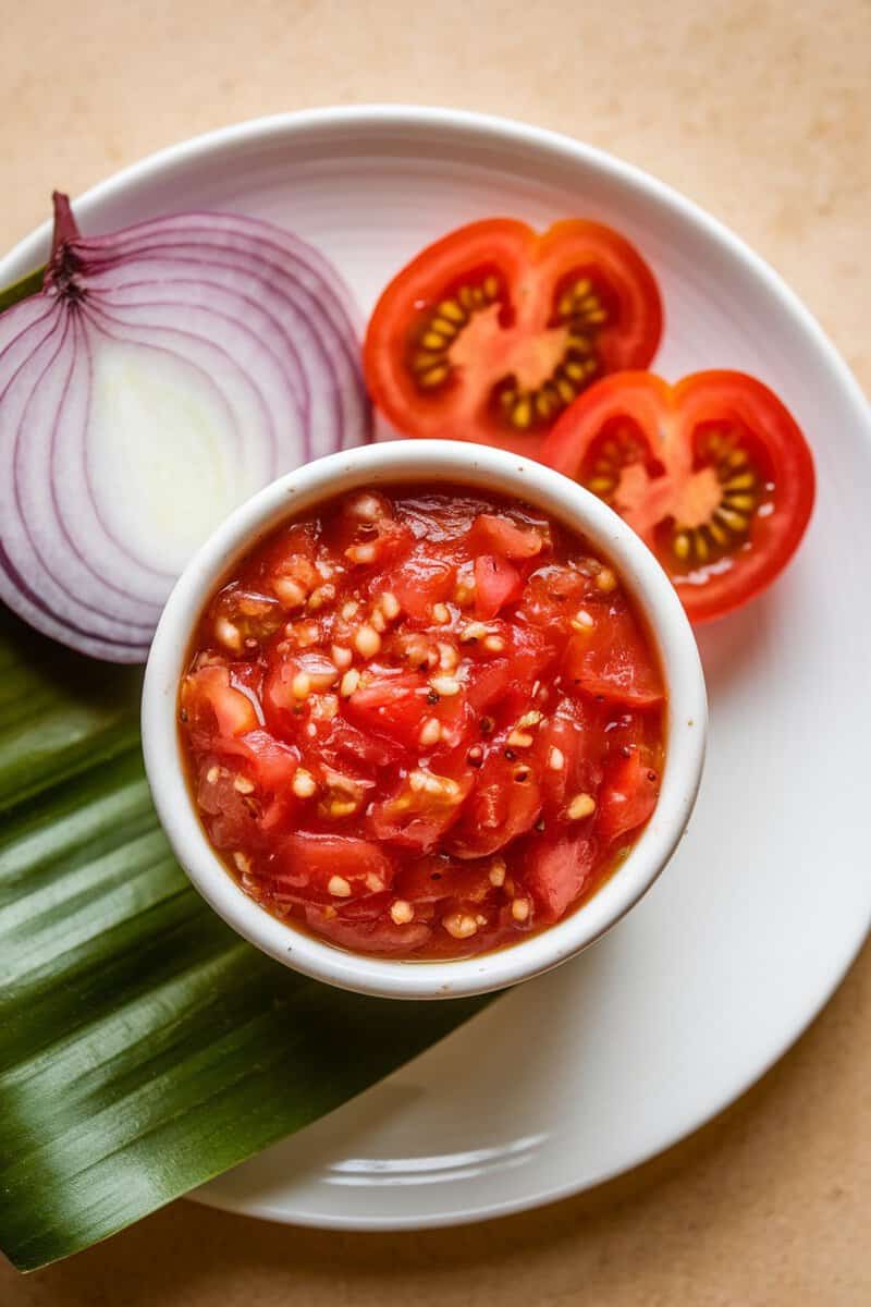 A bowl of tomato and onion relish surrounded by fresh ingredients