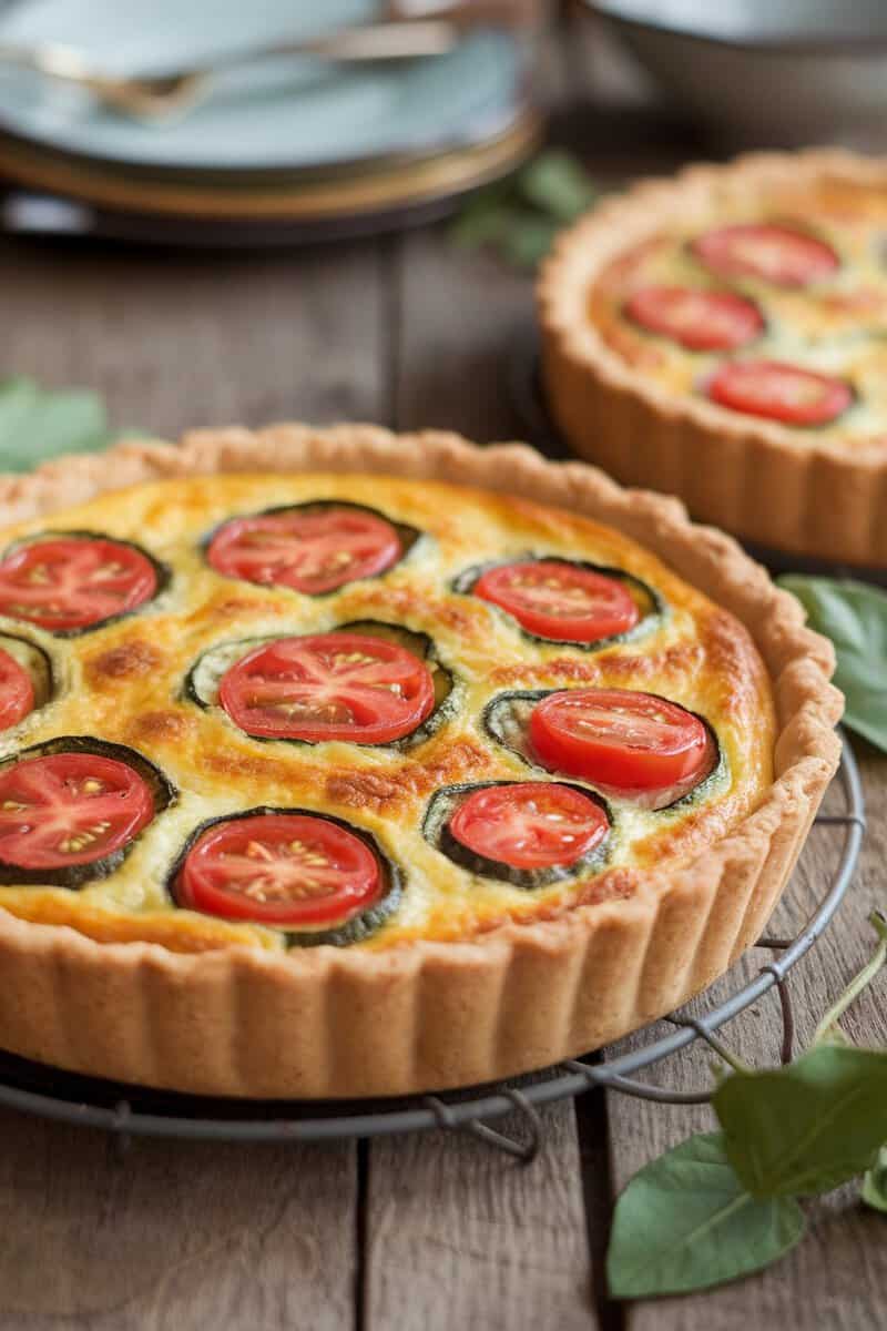 A freshly baked tomato and zucchini quiche with a golden crust, topped with slices of tomato and zucchini.