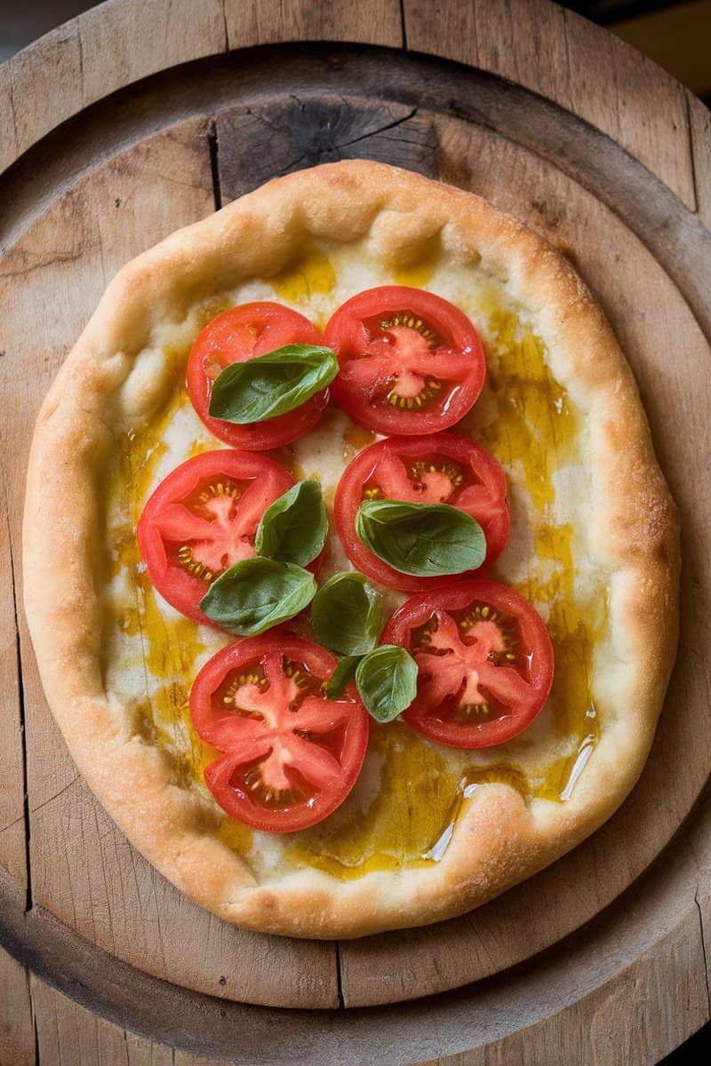 A freshly baked Tomato Basil Flatbread topped with tomato slices and basil on a wooden board.