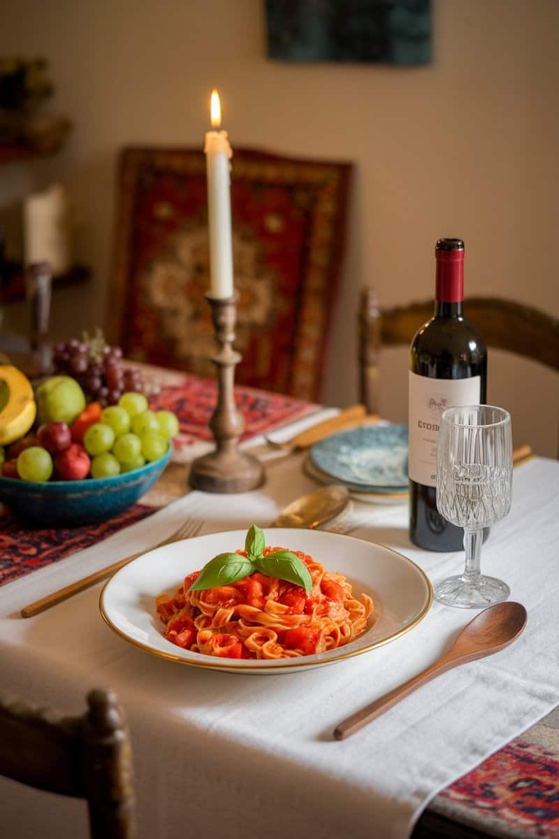 A plate of Tomato Basil Pasta with olive oil, garnished with basil, beside a candle and a glass of red wine.