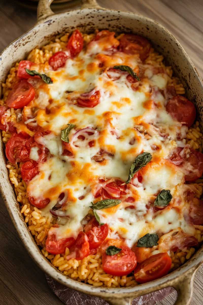 Delicious baked rice dish with tomatoes and cheese