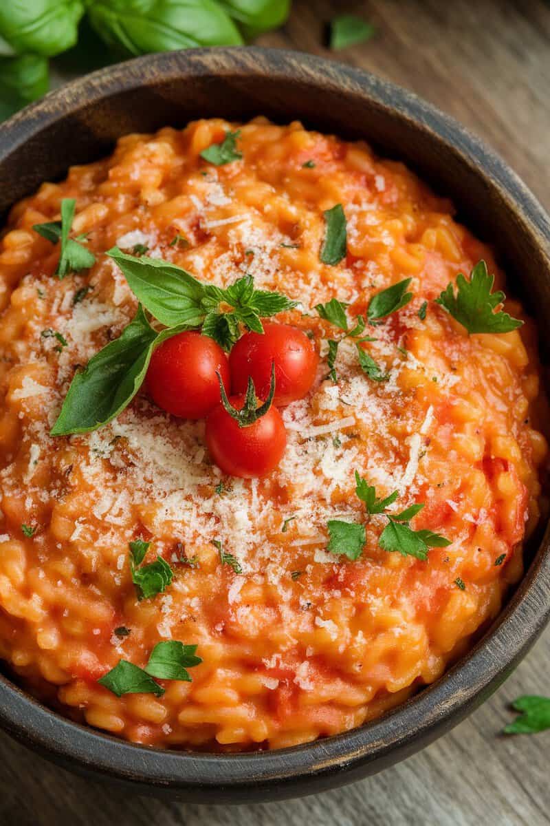 A bowl of creamy tomato risotto topped with fresh herbs and cherry tomatoes.