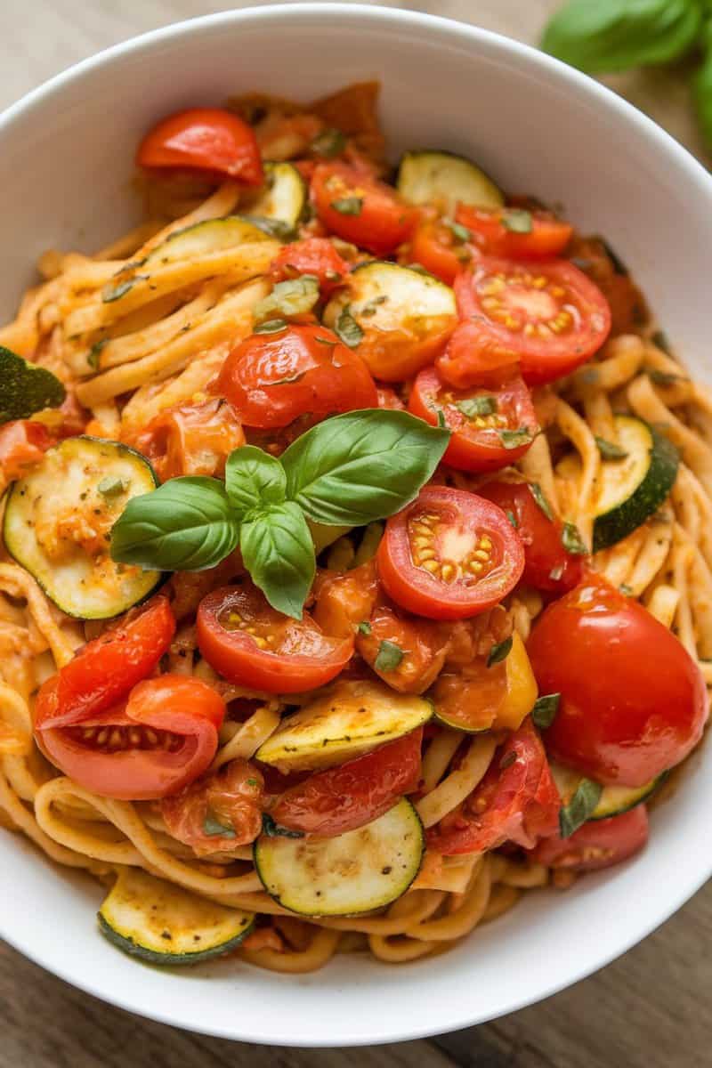 A bowl of tomato zucchini pasta garnished with fresh basil