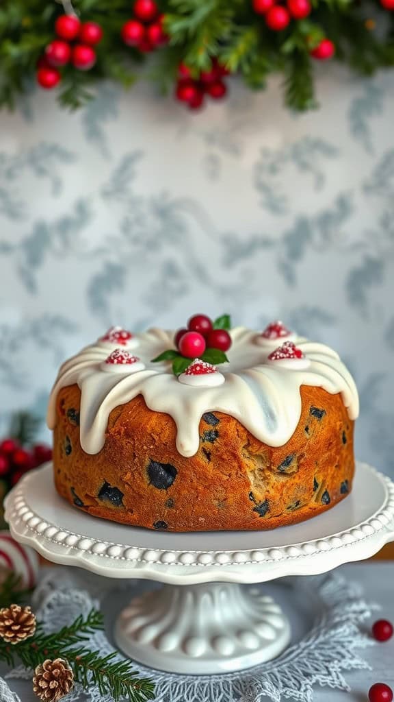 Traditional British Christmas fruitcake decorated with icing and festive berries