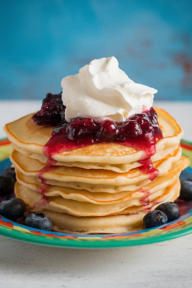 A stack of traditional Swedish pancakes topped with jam and fresh berries