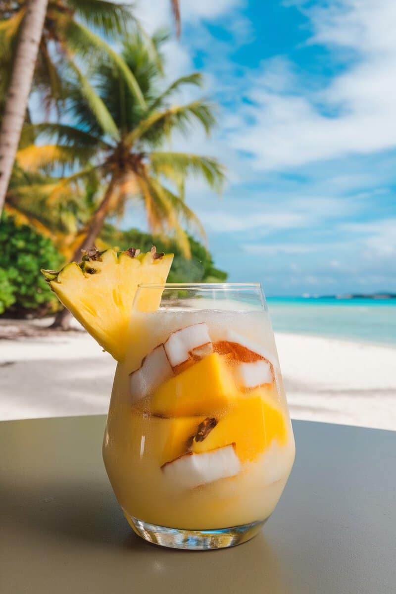 A refreshing tropical juice served with pineapple on a beach