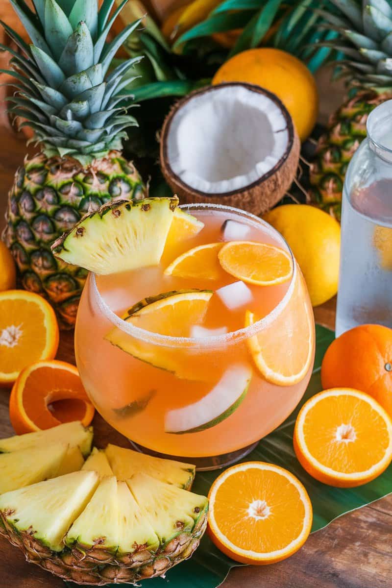 A colorful bowl of tropical fruit punch with slices of pineapple and oranges, surrounded by fresh fruits.