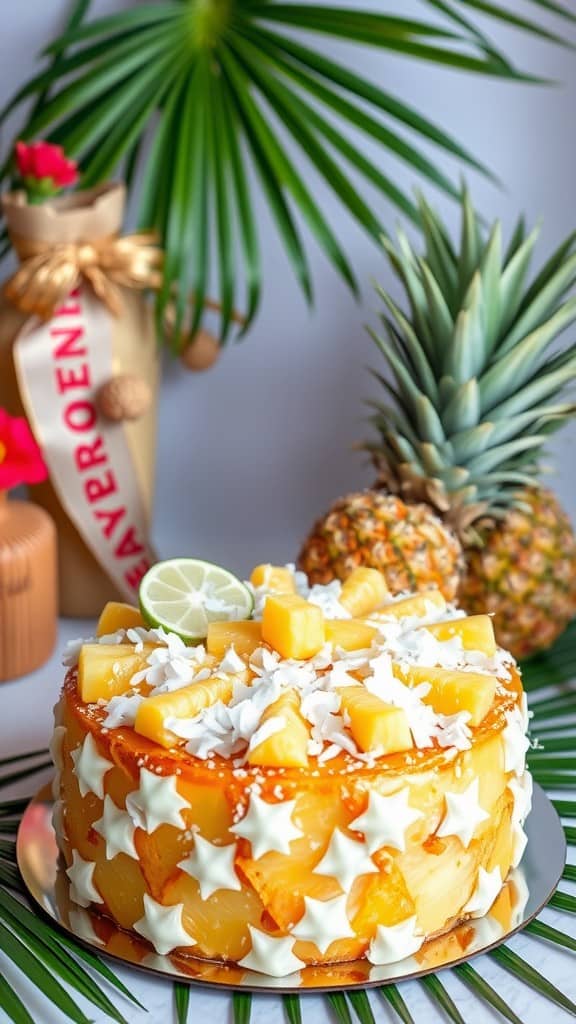 A beautifully decorated tropical fruitcake with pineapple and coconut.