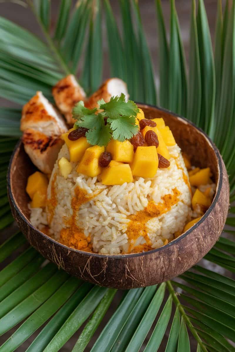 A bowl of Tropical Mango Rice with Raisins garnished with mango and cilantro.