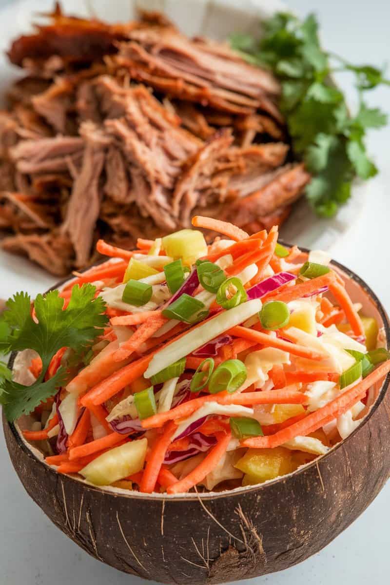 A bowl of colorful tropical pineapple coleslaw with shredded cabbage, carrots, and pineapple, garnished with green onions.