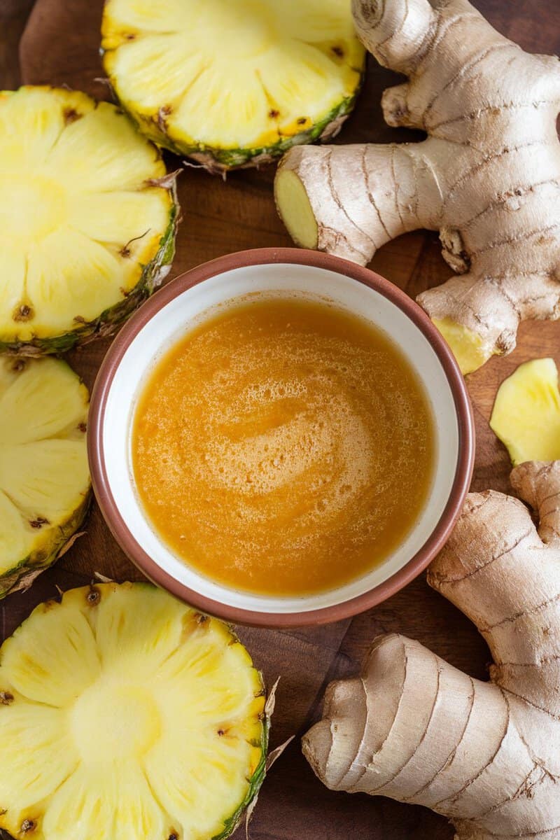 Pineapple and ginger marinade ingredients: fresh pineapple slices, ginger roots, and a small bowl of marinade.