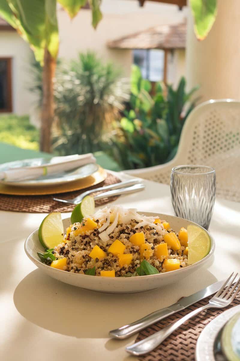 A vibrant tropical quinoa salad featuring diced mango, shredded coconut, and lime wedges.