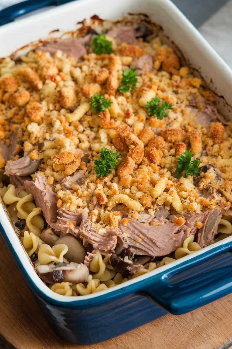 A delicious tuna casserole topped with crispy breadcrumbs and garnished with parsley.