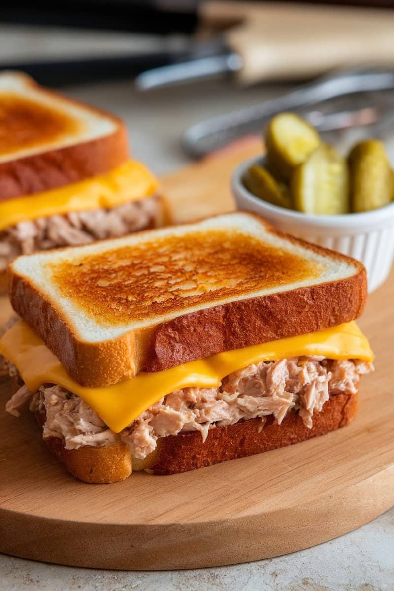 Tuna melt sandwich with cheddar cheese, served with pickles