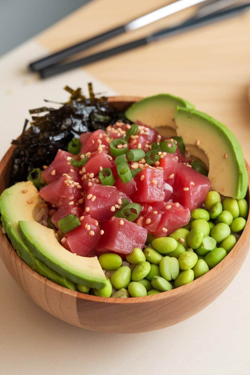 A vibrant Tuna Poke Bowl featuring diced tuna, avocado slices, edamame, and garnished with sesame seeds and green onions.