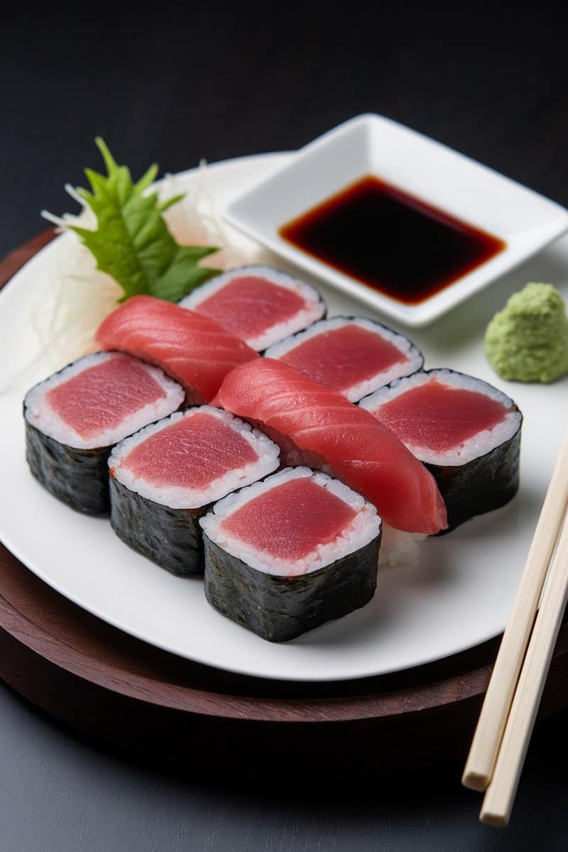 A plate of tuna sushi rolls with soy sauce and wasabi