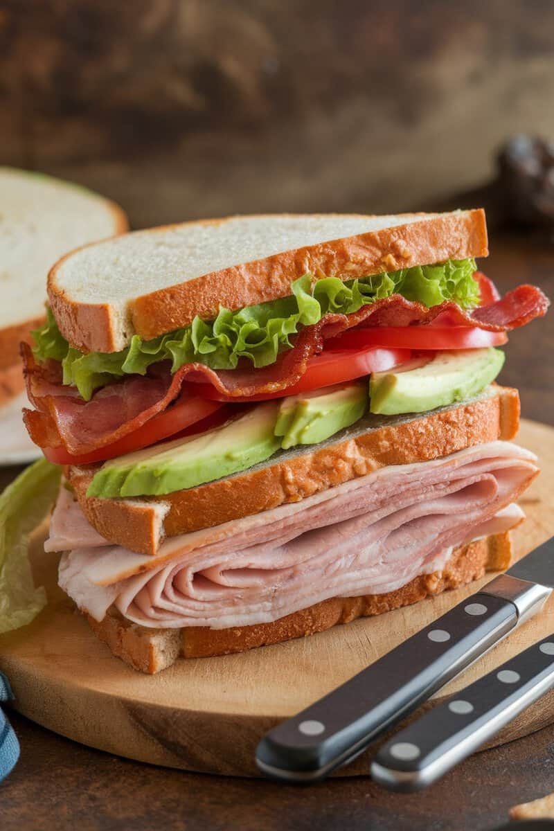 A delicious Turkey and Avocado Club sandwich stacked high with bacon, lettuce, tomato, and avocado on whole grain bread.