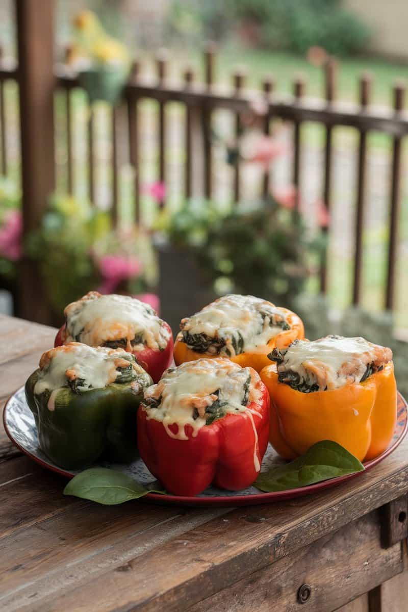 A vibrant plate of turkey and spinach stuffed peppers on a table, surrounded by a salad and green olives.